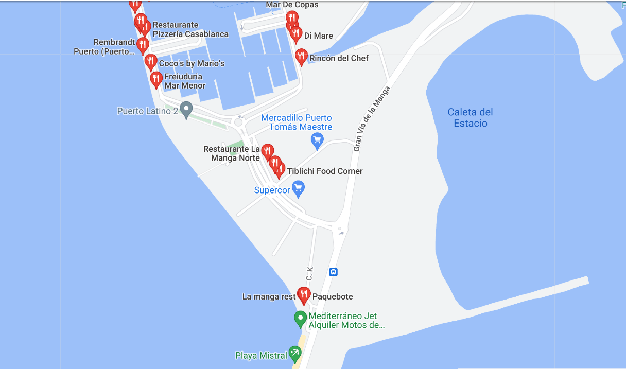 Google Maps image showing more restaurants names near the Playa Mistral beach