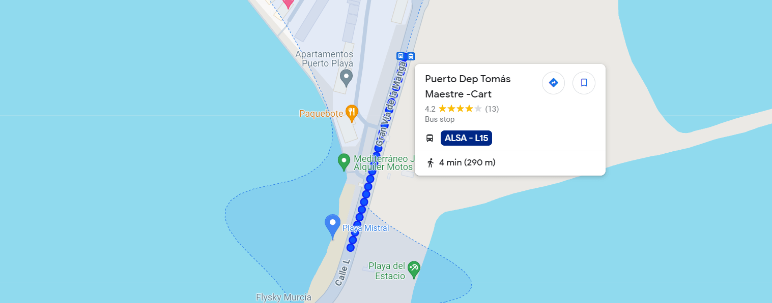 Google Maps image showing the Playa Mistal and the nearest bust stop