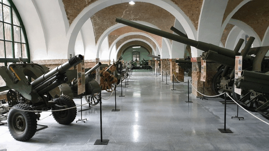 image from the military museum of Cratagena showing numerou tanks and artillery weapons