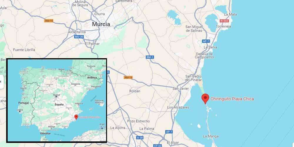 The location of Playa Chica La Manga in Murcia, Spain