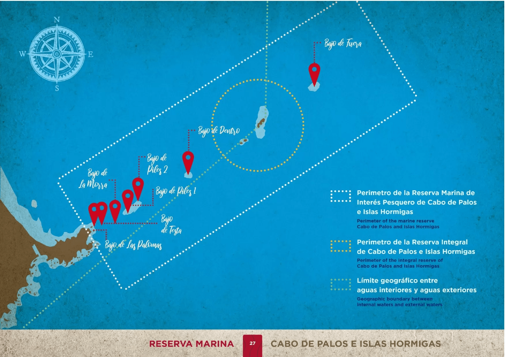 Zones of diving in Marine Reserve, located in Cabo de Palos