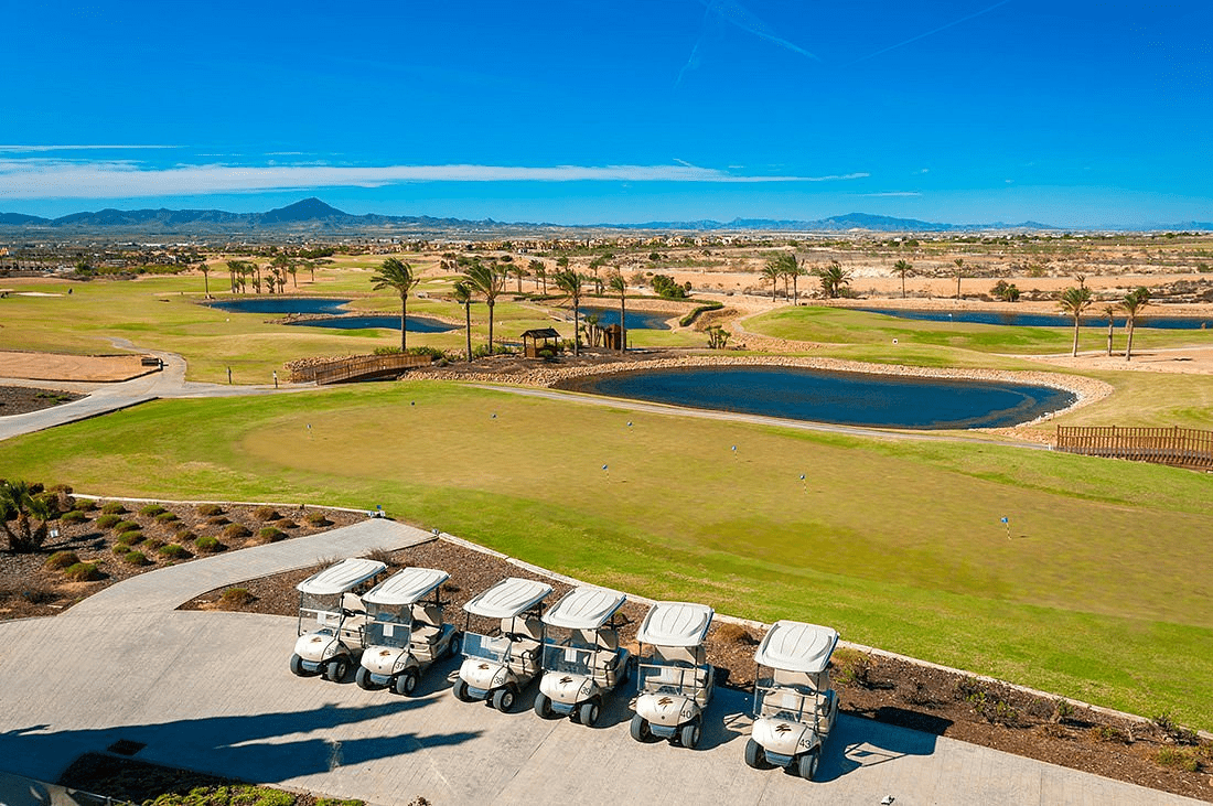 image from the golf course of Hacienda del Alamo showing lakes and some of the holes