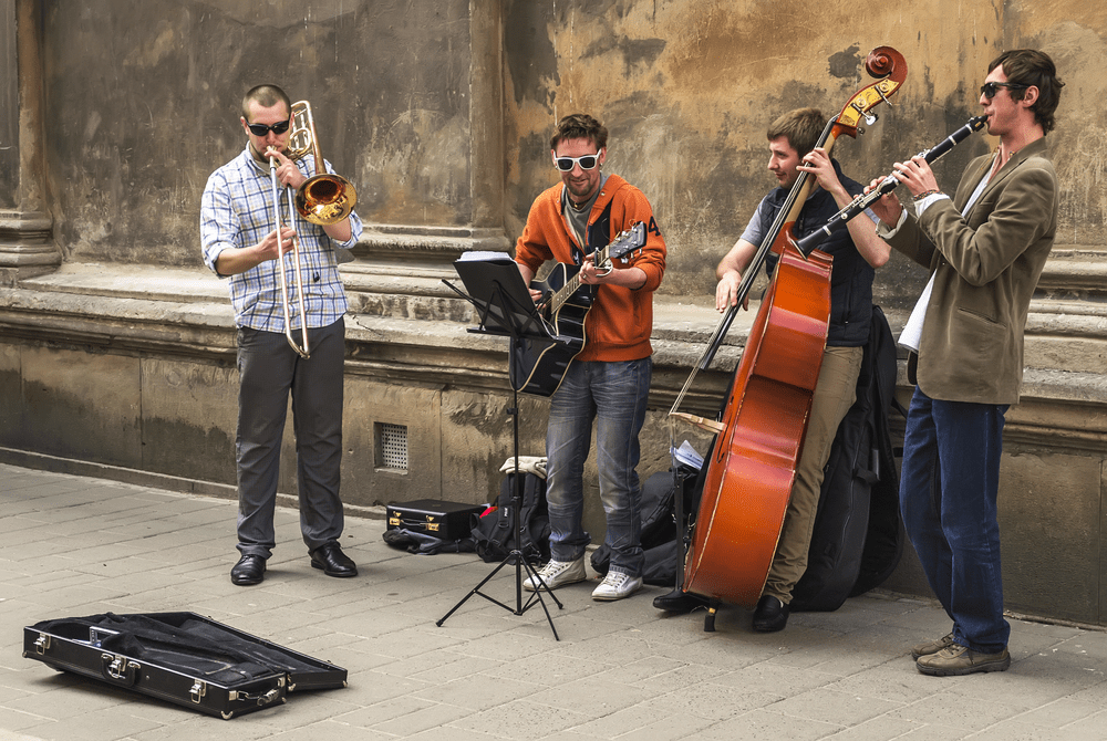image of a jazz band playing in the middle of the street