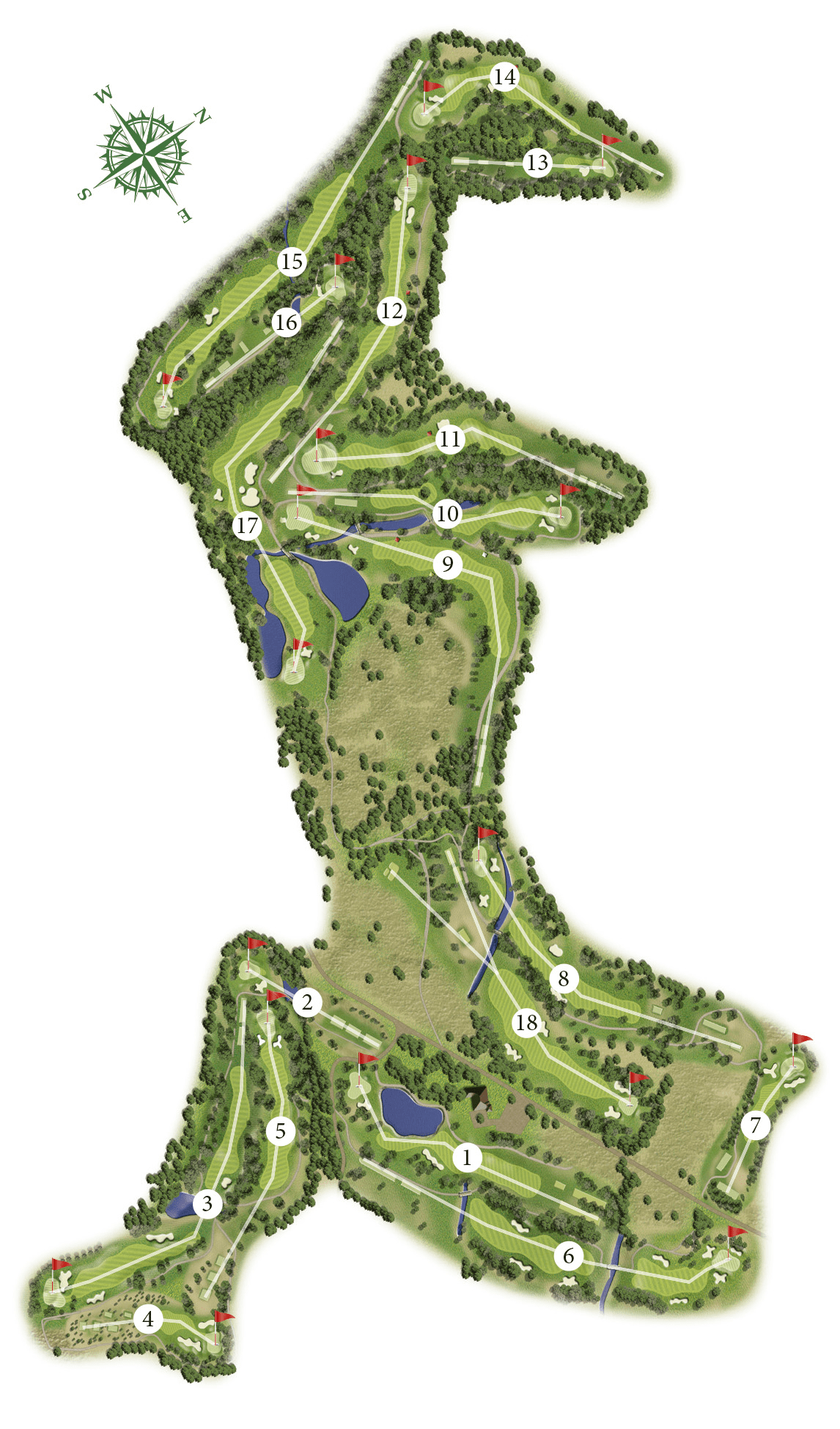La Manga West Course Map - A hilly land with each fairway surrounded by trees, together with barrancas and water hazards.