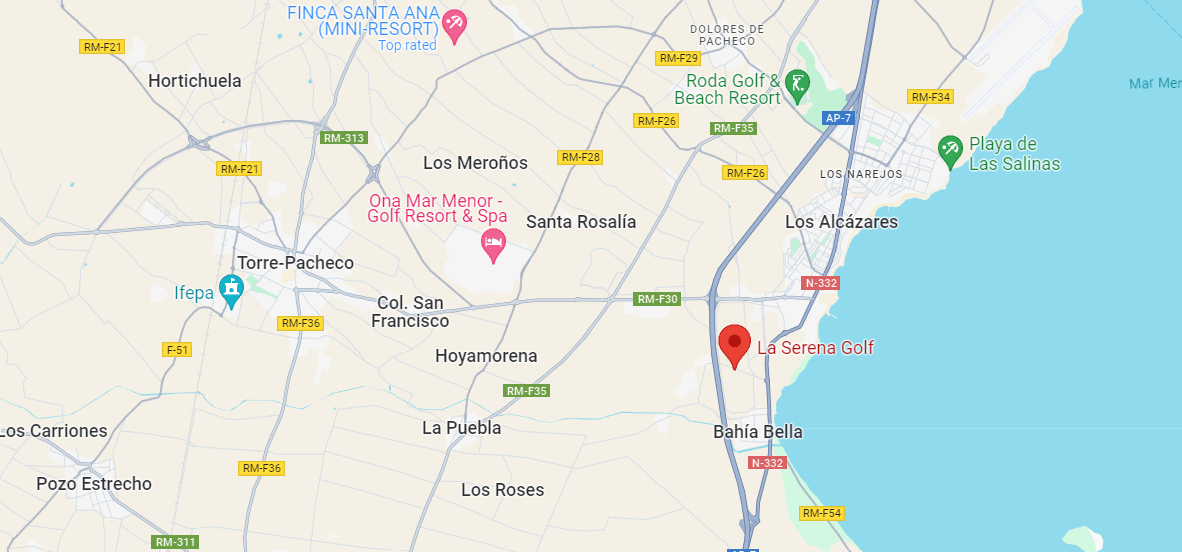 Map of La Serena Golf, located in the Los Alcázares region on the Costa Cálida in Los Alcazares which is adjacent to the Mar Menor sea 