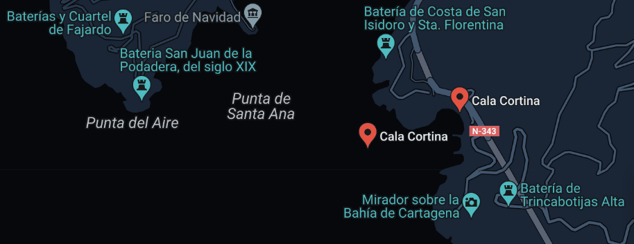 image of the map of Cartagena showing the region of Cala Cortina