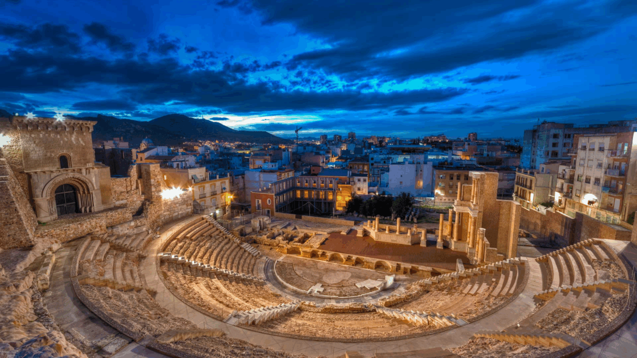 image showing the roman theater of cartagena during night