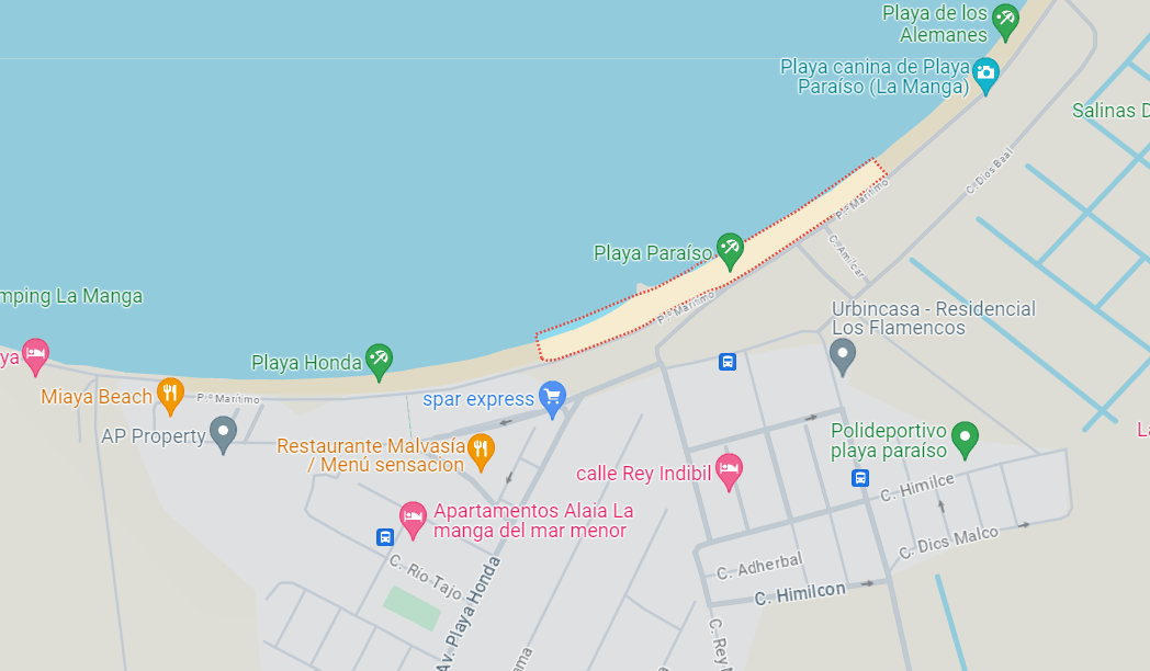 Location of Playa Paraíso, right next to Playa Honda