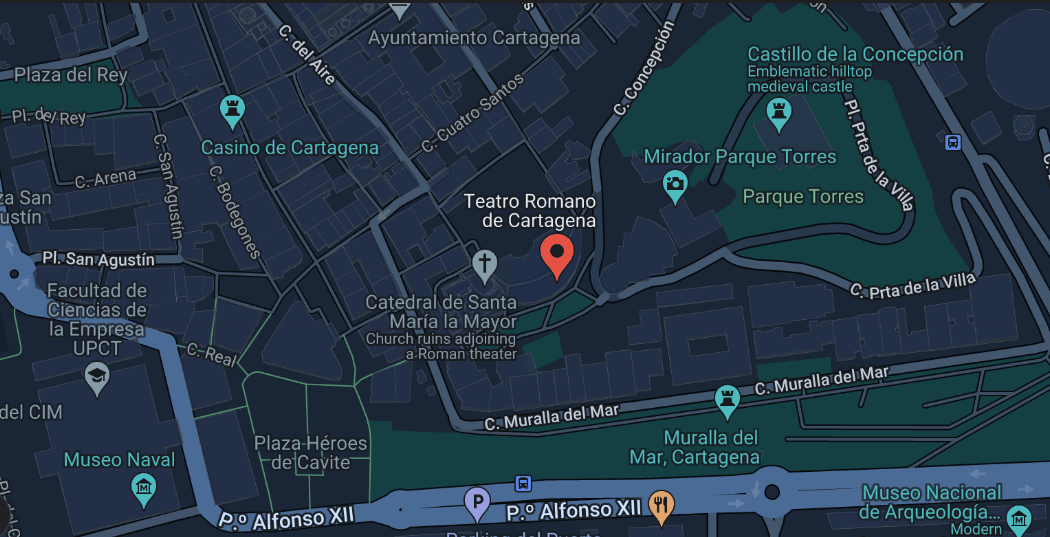map highlighting the teatro romano de cartagena along with other attractions nearby