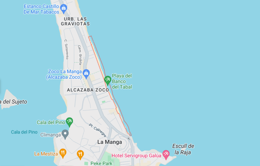 map of La Manga with playa banco del tabal highlighted