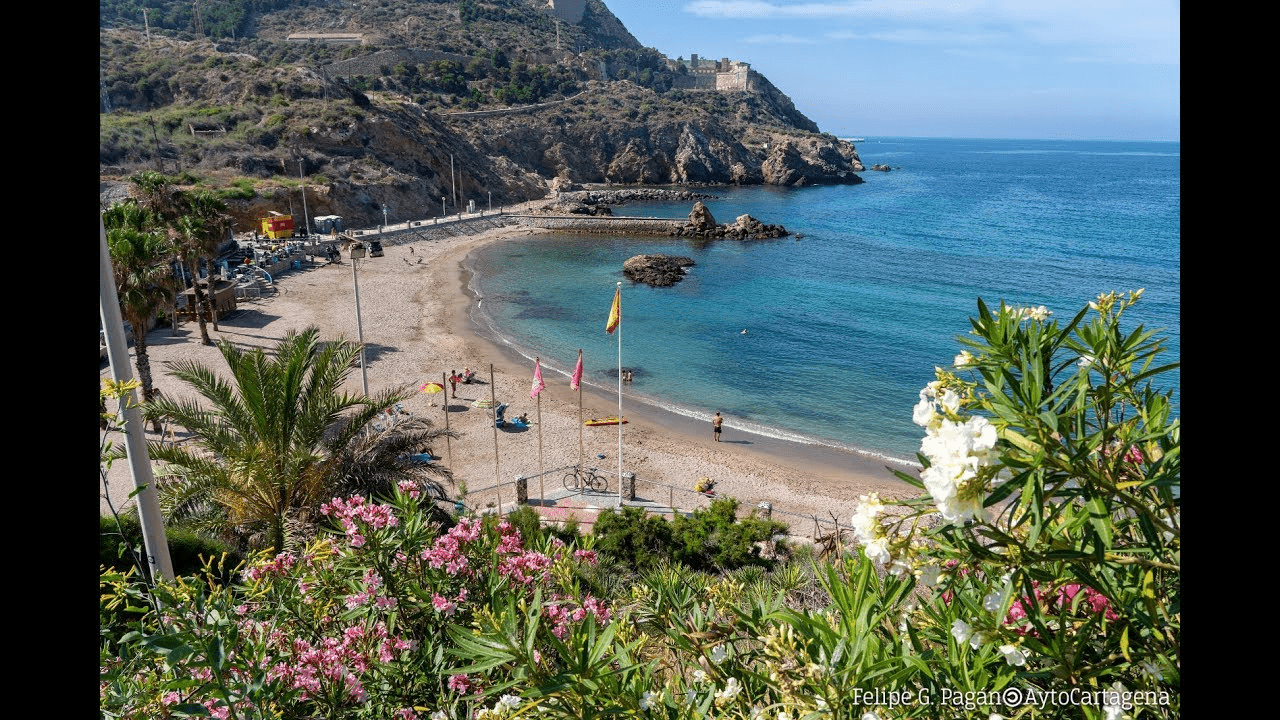 picture of Cala Cortina during day showing people enjoying the sunlight