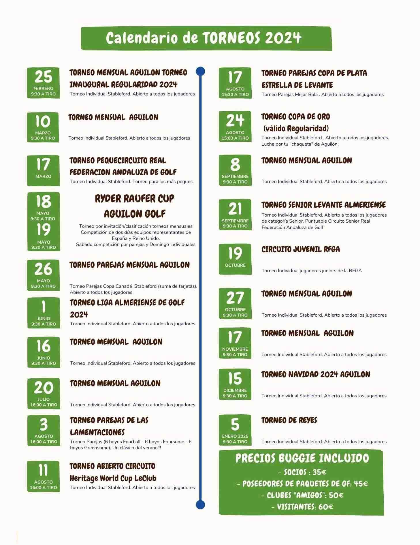 Schedule of tournaments in the Águilon Golf Course
