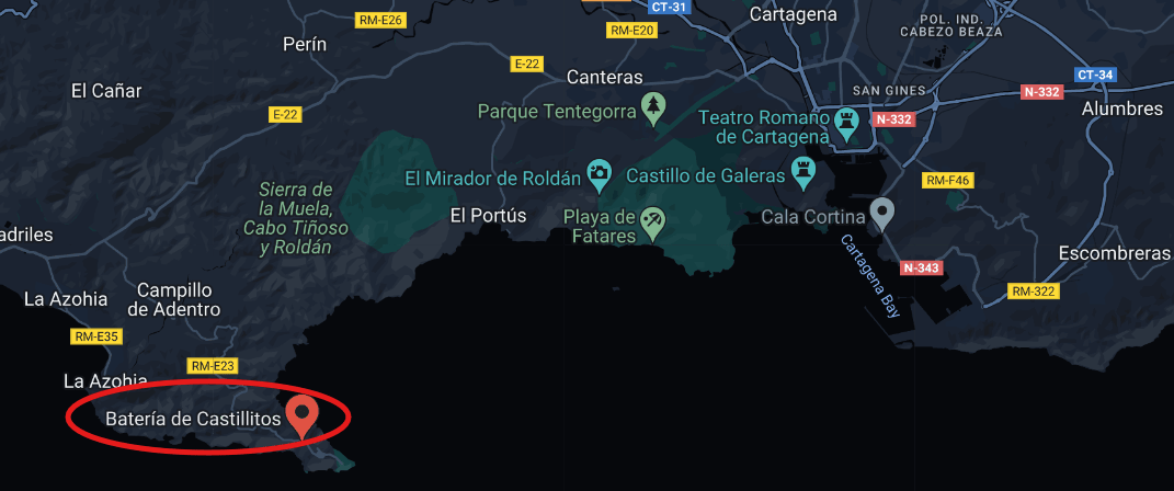 map from cartagena, in Murcia, with Castillitos battery highlighted