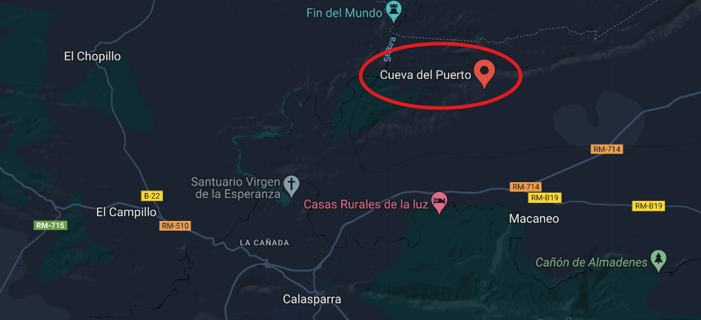 map of Calasparra in Spain showing Cueva del Puerto highlighted