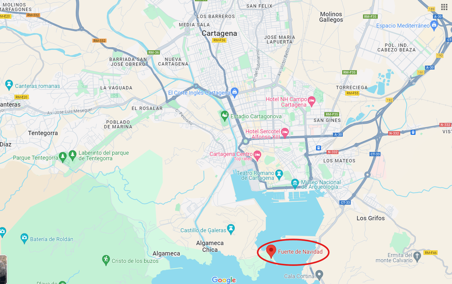 Map of Cartagena showing Fuerte de Navidad highlighted