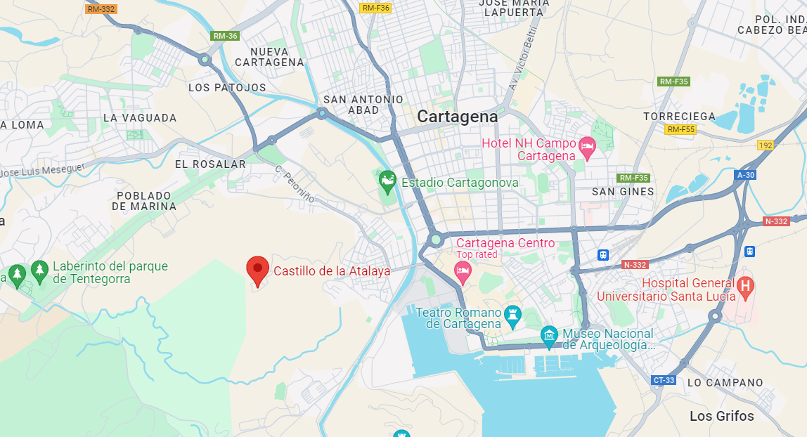 map of Murcia showing the region of Cartagena and where the Atalaya castle is located