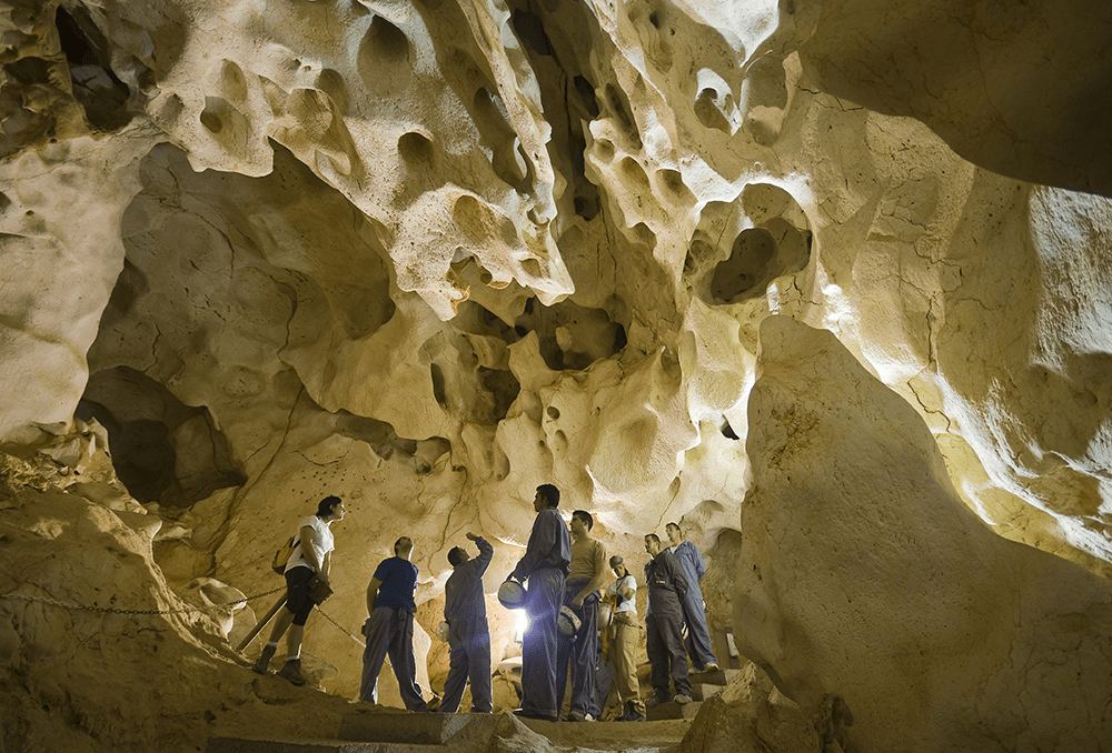picture of people analyzing the walls of the cave