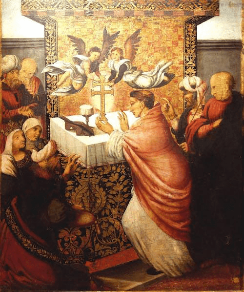 The myth says a Muslim King Abu Zeid ordered a prisioner priest to celebrate a massand two angels appeared on the altar carrying a two-armed cross. 
