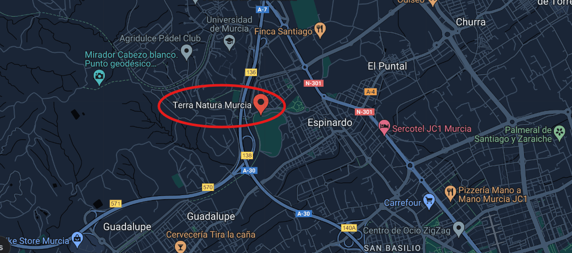 map from Murcia showing Terra Natura zoo highlighted